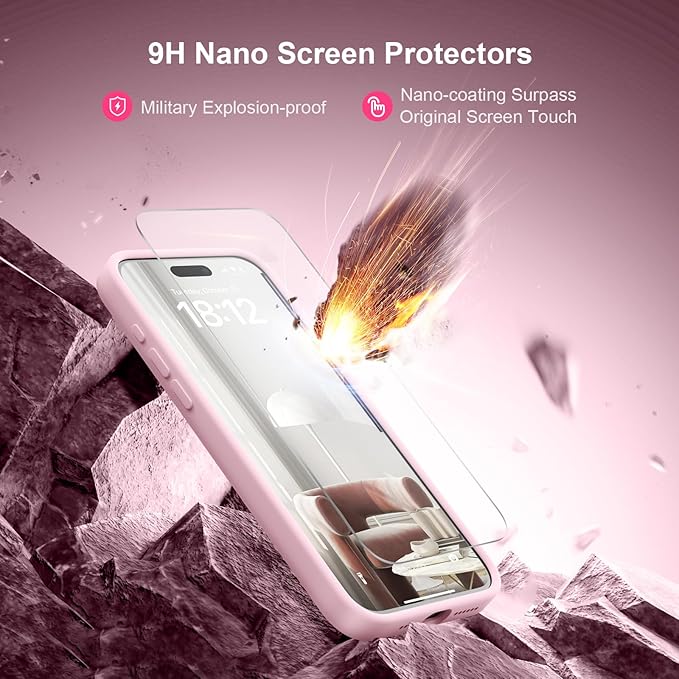 Magnetic for iPhone 15 Pro Case, Compatible with MagSafe, with 9H Nano Screen Protectors, Full Camera Protection, Silicone Shockproof Microfiber Lining Phone Case 6.1", Chalk Pink