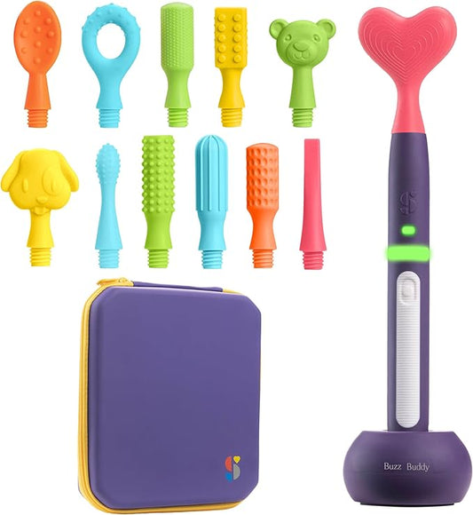 Special Supplies Rechargeable Buzz Buddy Oral Motor Stimulation kit with 12 Soft Textured Interchangeable Heads, Calm Sensory Needs, Support Speech, and Stimulate Self Feeding, Gentle Vibrations