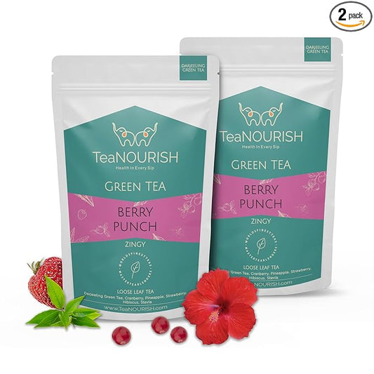 TeaNOURISH Berry Punch Green Tea | Zingy & Refreshing | Darjeeling Tea Loose | 100% Natural Fresh Berries & Hibiscus Flower | Brew Hot or Iced Tea - 3.53oz/100g (Pack of 2)
