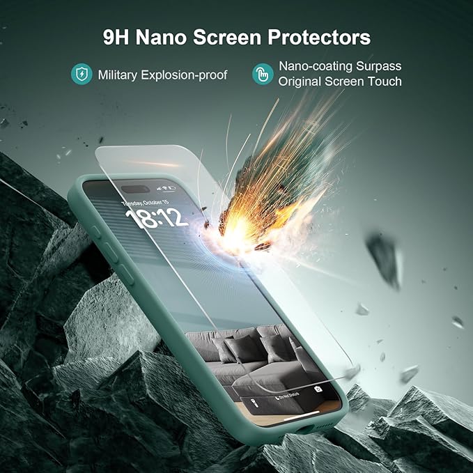 Magnetic for iPhone 15 Pro Case, Compatible with MagSafe, with 9H Nano Screen Protectors, Full Camera Protection, Silicone Shockproof Microfiber Lining Phone Case 6.1", Midnight Green