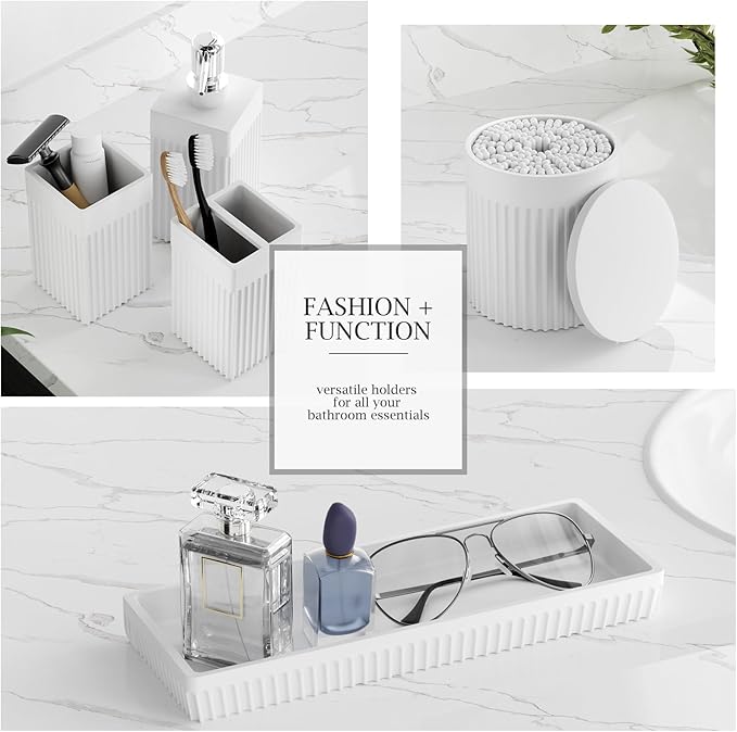 6-Piece White Bathroom Set - Modern Resin Bathroom Accessories Set with Soap Dispenser, Toothbrush Holder, Vanity Tray, Tumbler & Apothecary Jars for Small Spaces