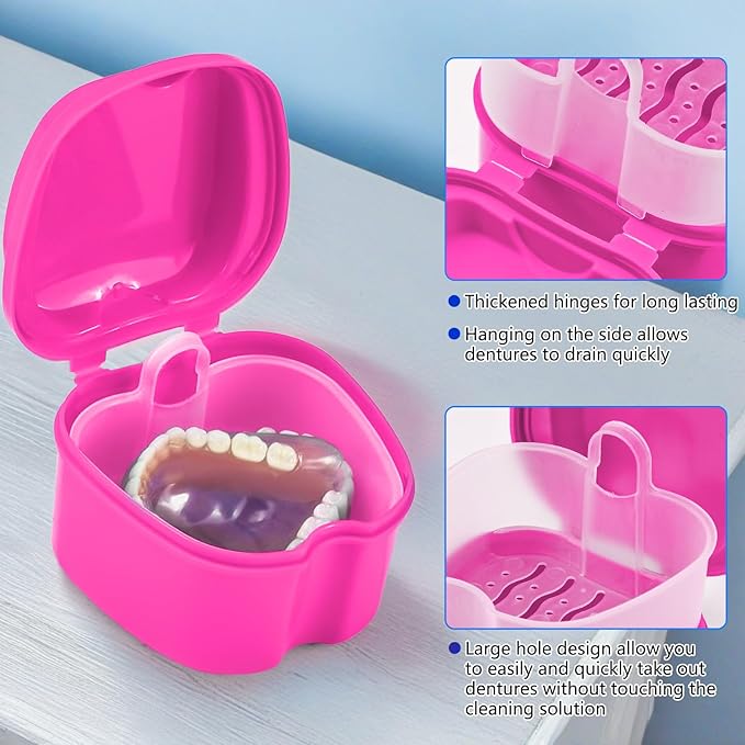 Denture Cup Retainer Cleaning Case False Teeth Soaking Container with 2 Brushes, Dental Retainer Cup Holder Case Denture Soaking Storage Box Case - White & Rose Red
