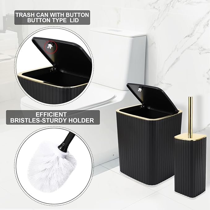 Bathroom Accessories Set - Gorgeous Black Bathroom Set, 10PC Bathroom Accessory Set, Toilet Brush, Trash Can, Qtip Holder Dispenser & Soap Dispenser