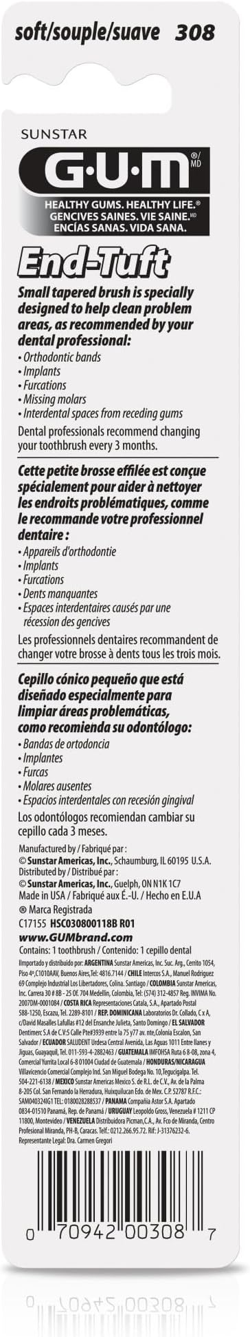 GUM End Tuft Toothbrush - Extra Small Head for Hard-to-Reach Areas - Implants, Back Teeth, and Wisdom Teeth - Soft Dental Brush for Adults, 1ct (Pack of 2)