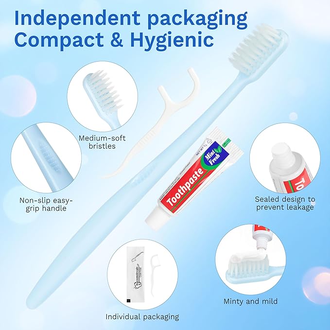 Disposable Toothbrushes with Toothpaste, Travel Toothbrush Kit, Individually Packaged, Light Blue, with Floss Picks, Suitable for Hotel, Home, Camping, Travel (100-PACK)