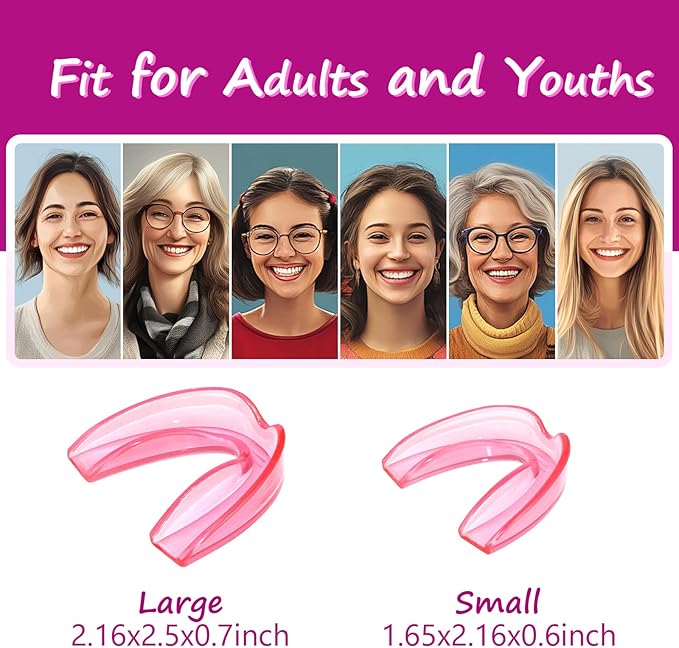 Mouth Guard for Grinding Teeth at Night, Mouthguard for Women, Night Guards for Clenching Teeth, 4 Pink Bite Dental Guards for Bruxism, 2 Sizes with One Travel Case