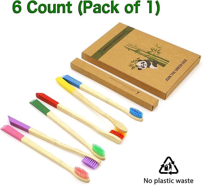 Virgin Forest Bamboo Toothbrush, Natural Eco Friendly Wood Toothbrushes, Biodegradable Charcoal Tooth Brush, Pack of 6