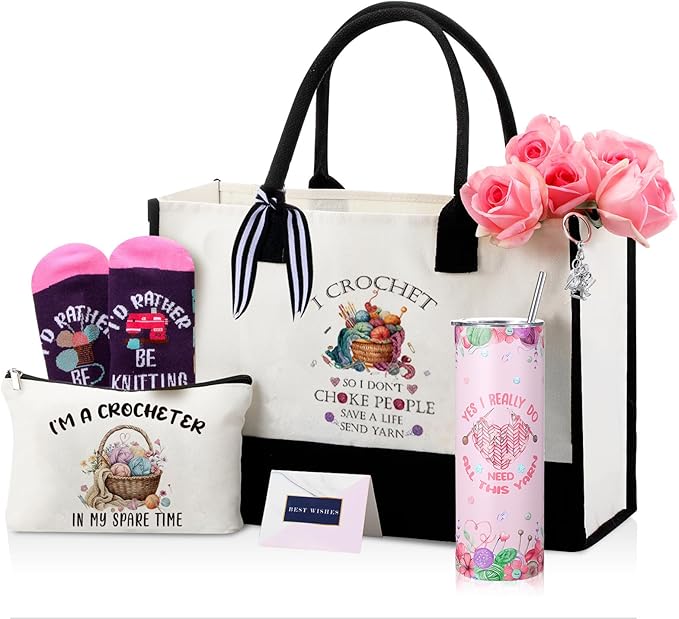 Geiserailie 8 Pcs Christmas Crochet Hobbyist Gifts for Women Including Large Tote Bag Cosmetic Bags Tumbler Cup Plush Socks Metal Keychain Card and Envelope for Crochet Hobbyist Thank You Gifts
