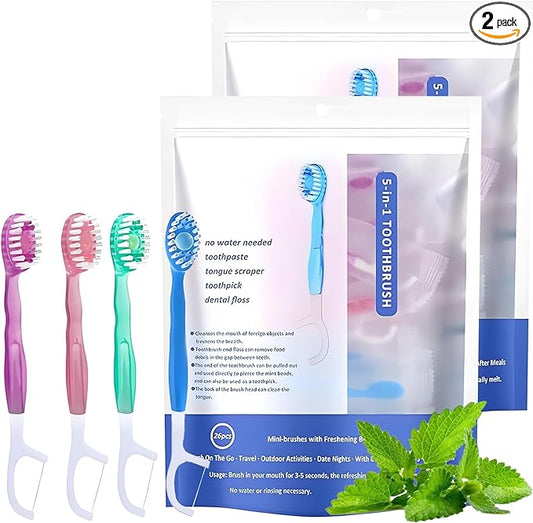 5 in 1 Mini Toothbrushes with Toothpaste, 26Pcs Toothbrush & Floss, All in one Oral Care on The go, 5 in 1 mini Brush, Toothpaste and Floss, Disposable Travel Toothbrush, 2 Set