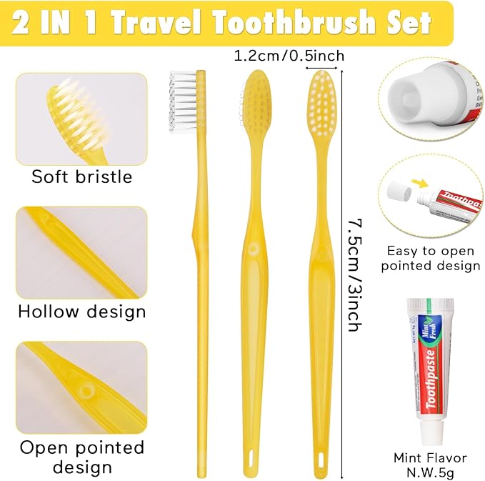 HOFASON Disposable Toothbrushes with Toothpaste Pack of 30, Yellow Hollow Travel Toothbrush Set with 5g Bulk Toothpaste Individually Wrapped for Homeless, Nursing Home, Shelter, Hotel