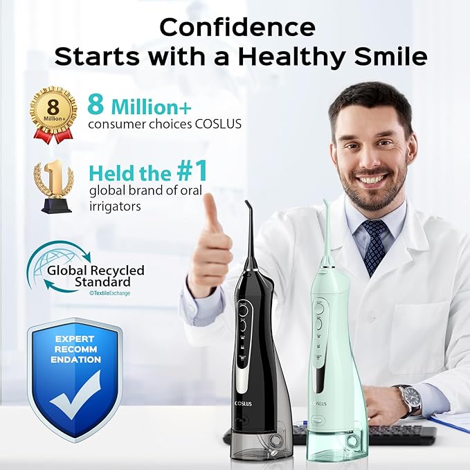 COSLUS 2 Pack Cordless Water Flosser with Elegant Packaging for Teeth, Braces, Gums Care - Easy to Use, Rechargeable, Waterproof, Portable for Travel, BPA-Free, Black & Green, C20(F5020E)