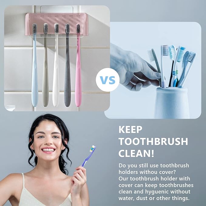 5 Slots Toothbrush Holder Wall Mount with Cover, Self Adhesive Toothbrushes Storage Organizer Perfect for Dorm Bathrooms and Shower, Holds 5 Toothbrushes. (Pink)