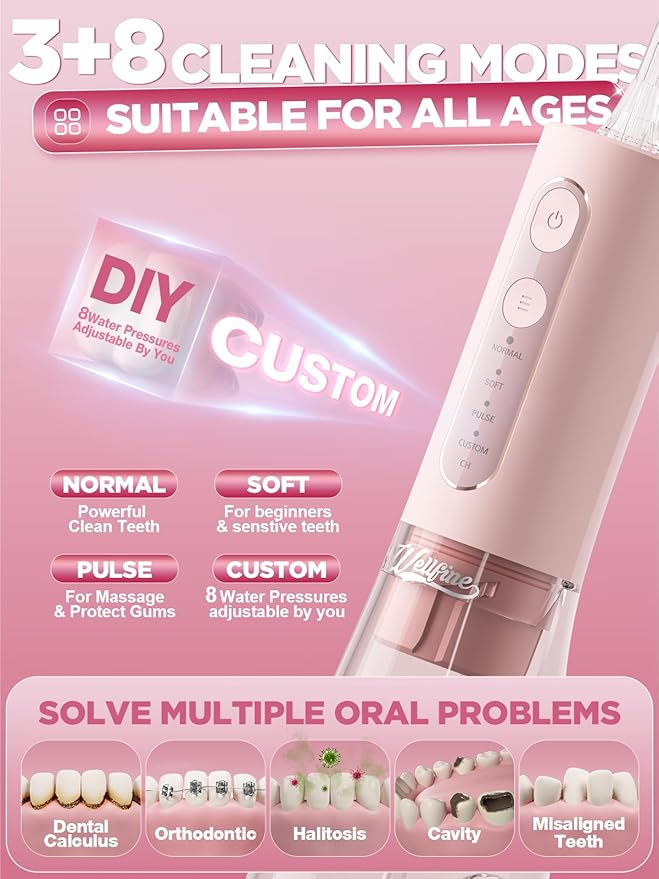 Water Dental Flosser Teeth Pick: Portable Cordless 4 Modes Flossers Pic 300ML Rechargeable Floss Pik Powerful IPX7 Waterproof Oral Irrigator for Cleaning Gum Care Braces for Home Travel (02_Pink)