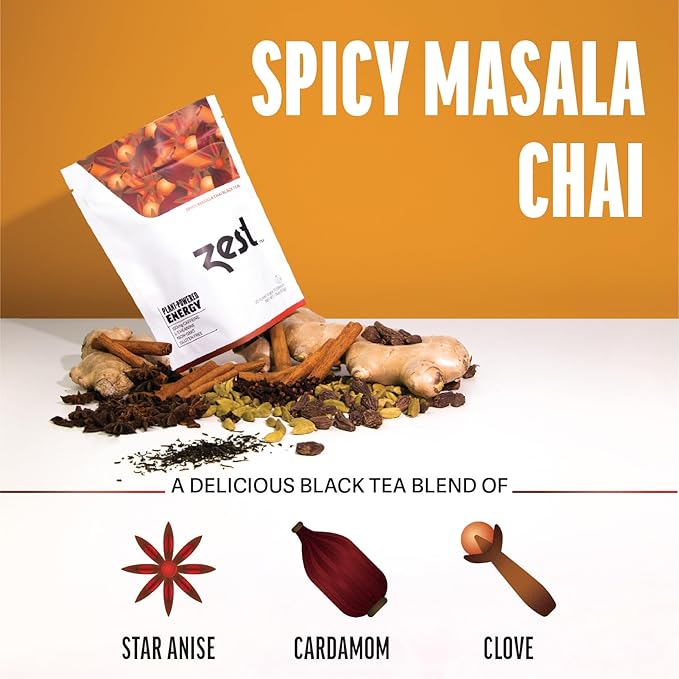 Zest 150mg High Caffeine Energy Leaf Blend - Spicy Masala Chai Black Tea - 20 Pack Bag - All Natural Strong Flavored Healthy Coffee Alternative Highly Caffeinated Substitute - Perfect for Keto Diet