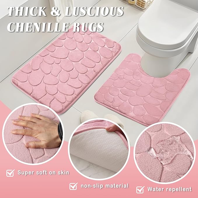 Bathroom Set with Shower Curtain and Rugs- 25PC Pink Bathroom Accessories, Shower Curtain Set, Toilet Brush, Trash Can, Qtip Holder Dispenser & Soap Dispenser