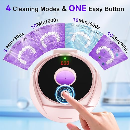 Ultrasonic Retainer Cleaner Machine 45khz Cleaning Pod for Denture Cleaner 200ml Mouth Guard, Aligner, Night Guard, Toothbrush, Jewelry, 4 Cleaning Modes Digital Timer, Gifts for Women, Pink