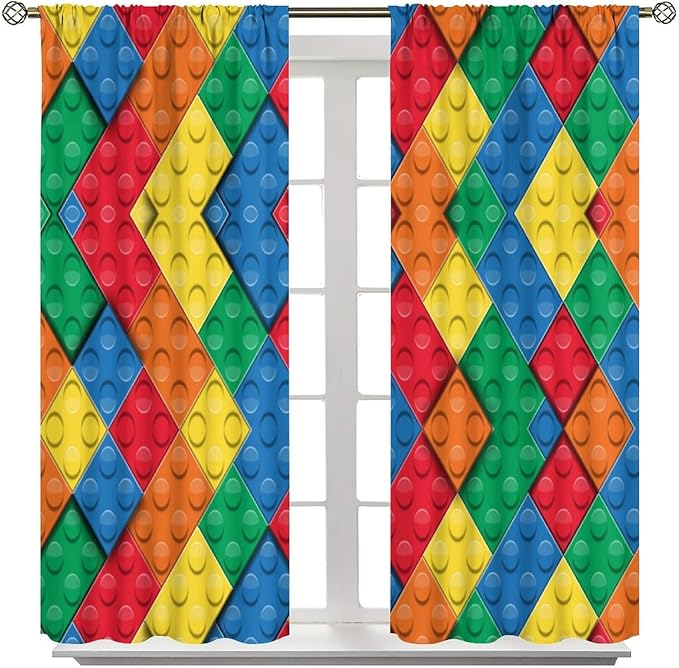 Kids Building Blocks Toy Curtains Boy Girl Room Printed Curtains Abstract Colorful Bricks Children's Nursery Curtains 42x45 Inches 2 Panels（Decor Curtains