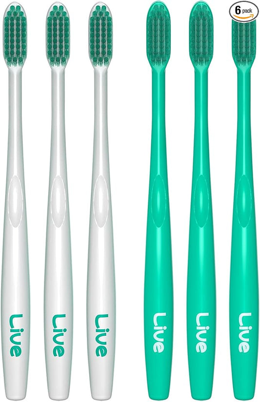 Ultra-Fine Bristle Toothbrush(3 Mint Color + 3 White Color) – Triangle Head Manual Toothbrush with 0.017mm Soft Bristles & Ergonomic Thumb Grip for Gentle and Precise Cleaning
