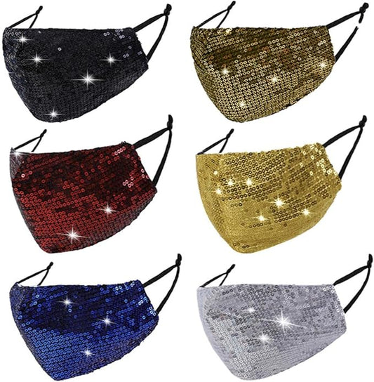 6 Pcs Washable Glitter Bling Women Face Mask. Breathable Reusable Adjustable Fashion Masquerade Facemasks With Pocket.