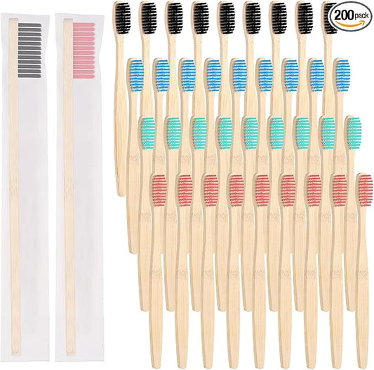 Vesici 200 Pcs Bamboo Toothbrushes Bulk Soft Bristles Toothbrushes with Micro Fur Ultra Wooden Bamboo Teeth Brush Manual for Adults Travel Family Hotel Individually Packaged (Black,Pink,Green,Blue)