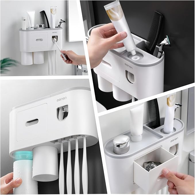 No-Drill Wall Mounted Toothbrush Holder, Bathroom Shelf, with Automatic Toothpaste Dispensers 4 Brush Hooks 3 Magnetic Cups 1 Cosmetic Drawer Organizer and Large Storage (1 Dispenser 3 Cups)