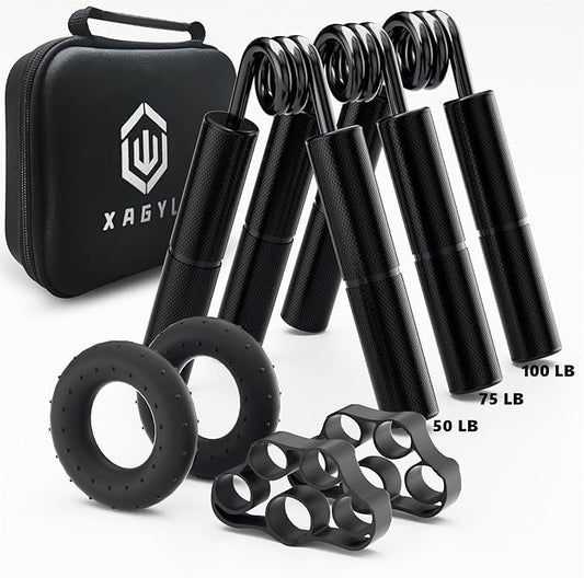 Professional Hand Grip Strengthener Trainer Kit, 50-175LB Metal Hand Gripper with 2 Finger Stretcher & 2 Grip Ring Wrist Foream Strengthener Exercise Workout Trainer for Pro Beginner Professionals