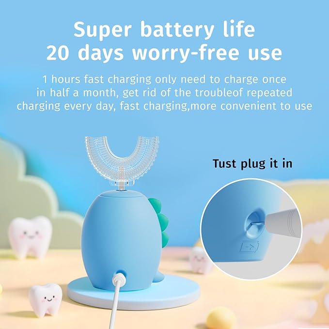 Kids U Shaped Electric Toothbrush，auto Sonic Baby Toothbrush，Cartoon Dinosaur 360-Degree Cleaning IPX7 Waterproof Design（2-7y）