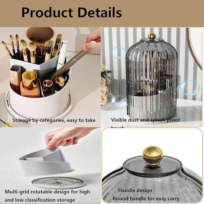 Concealed Toothbrush Holder, Makeup Brush Holder Organizer with Lid,360 Rotating Clear Dustproof Waterproof 3 Slots Bathroom Countertop Organizer,for Container Toothpaste and Toothbrush Holder (Gray)