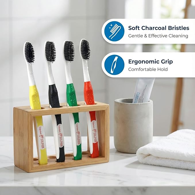 Dolphin Charcoal Toothbrush Extra Soft Bristle Manual Soft Long Flossing, Ultra Clean Toothbrush, Good for Sensitive Teeth and Gums (Yellow, Charcoal 4 Packs)