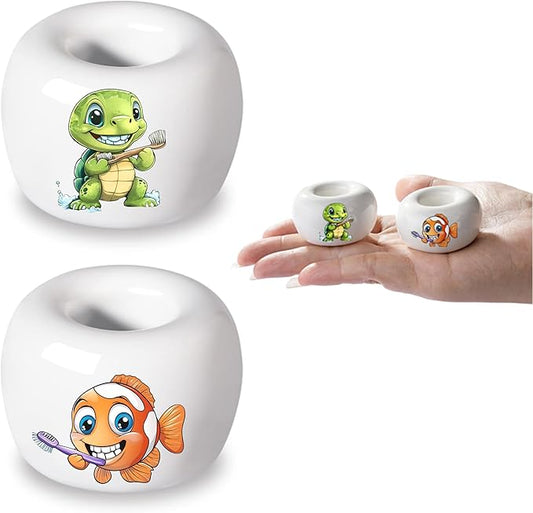 2PCS Ceramic Toothbrush Holder, DQELFA Mini Sleek Toothbrush Holder Stand for Bathroom and Countertop Organizers, White (Stylish Sea-Themed Designs)