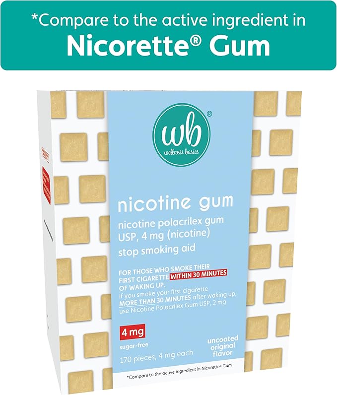 Wellness Basics Uncoated Nicotine Gum 4mg | Stop-Smoking Aid | Original Flavor | 170 Count | Reduces Withdrawal Symptoms