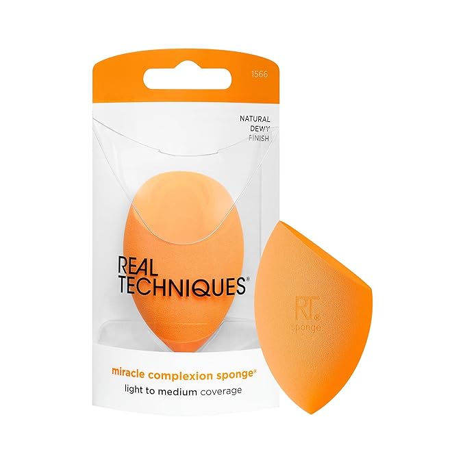 Real Techniques Miracle Complexion Sponge, Makeup Blending Sponge, For Liquid & Cream Foundation, Offers Light To Medium Coverage, Natural, Dewy Makeup, Orange Sponge, Latex-Free Foam, 1 Count