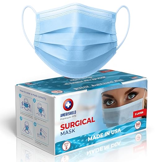 Amerishield ASTM Level 2 Disposable Face Masks, 3-Layer, Comfortable Fit, Made in USA, 50 Pack