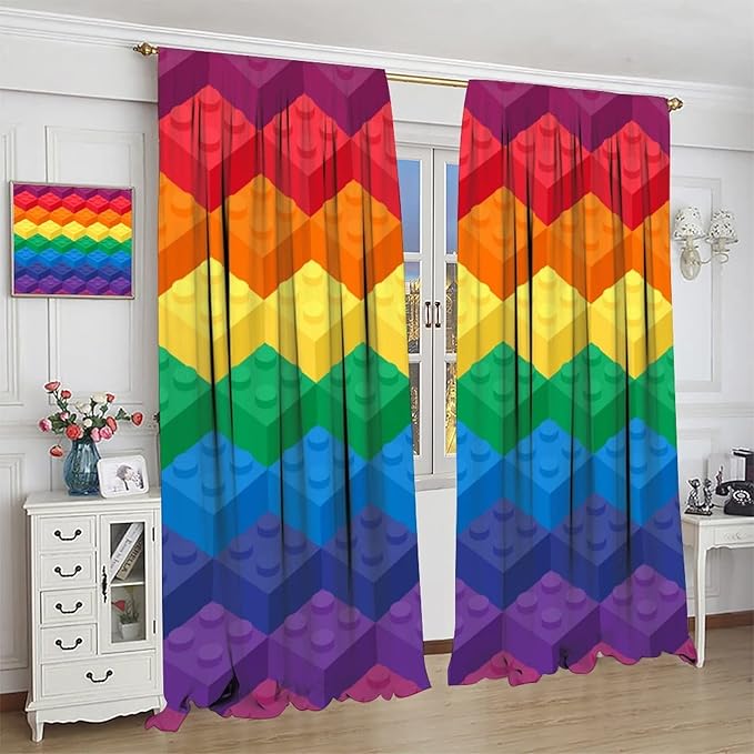 Colorful Building Blocks Cartoon Toy Printed Curtains, Bedroom, Living Room, Architecture, Curtains, Fun Brick 3D Design Curtains, Children's Living Room, Window Treatment Panels 2 Panels 55x63in