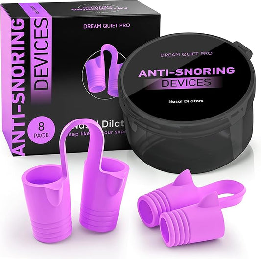 Anti Snoring Devices – Nasal Dilators - Nose Clips for Snore Relief & Better Sleep – Comfortable Silicone Snore Stopper – Anti Snoring Nose Vents – 8 Pack + Travel Case (Purple)