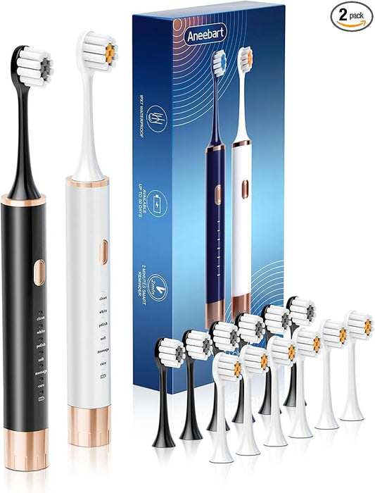 Sonic 2 Pack Electric Toothbrush for Adults and Kids, Travel Toothbrush Includes 12 Replacement Toothbrush Heads, 6 Modes with 2 MIN Smart Timer (Black White)