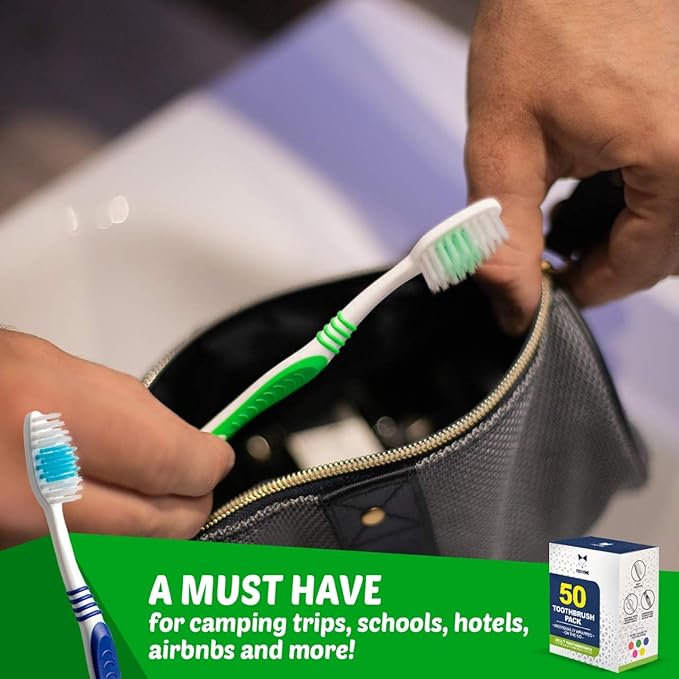 EcoFox Bulk Toothbrushes 50 Pack | Individually Wrapped Travel Toothbrush Set for Adults & Kids | Made with a Medium-Soft Large Brush Head | BPA-Free & Disposable!