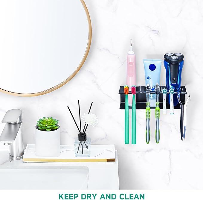 Electric Toothbrush Head Holders, Electric Toothbrush Holders Wall Mounted, Shower Electric Head Holder, Toothbrush and Toothpaste Holder, Tooth Brushing Holder for Bathroom (Black, Large)