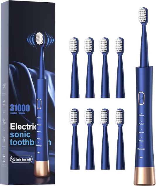 IPX7 Waterproof Sonicare Electric Toothbrush, 2-Hour Fast Charge with Intelligent Time Reminder, 5 Modes, 8 Brush Heads, Travel, Indoor, Outdoor, Blue