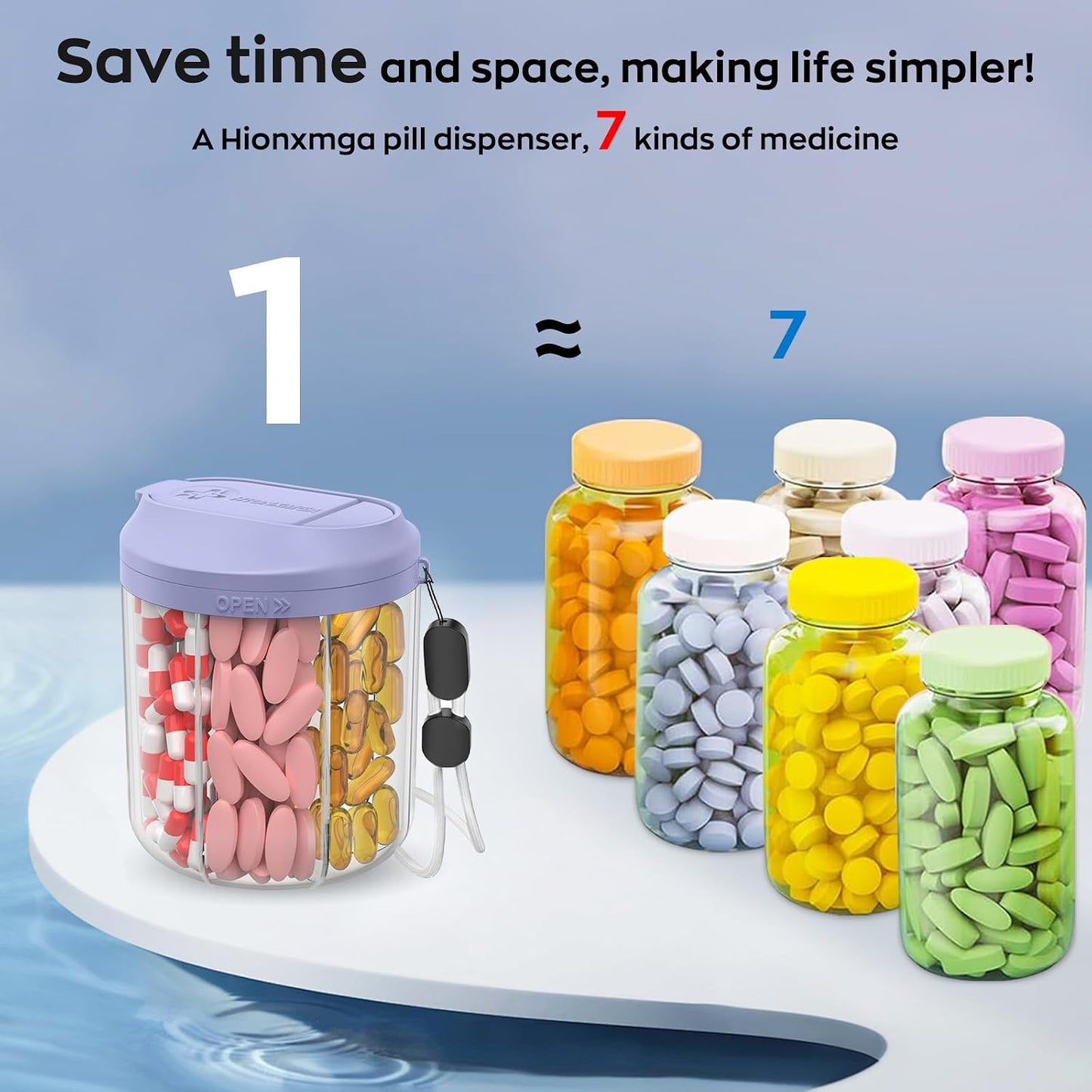 Pill Dispenser with 7 Large Compartments, 4.4" H x 3.6" Dia Pill Bottle Organizer for Travel, Supplement Organizer with Anti-Mixing Design, BPA-Free Pill Container with 20 Pcs Labels Purple