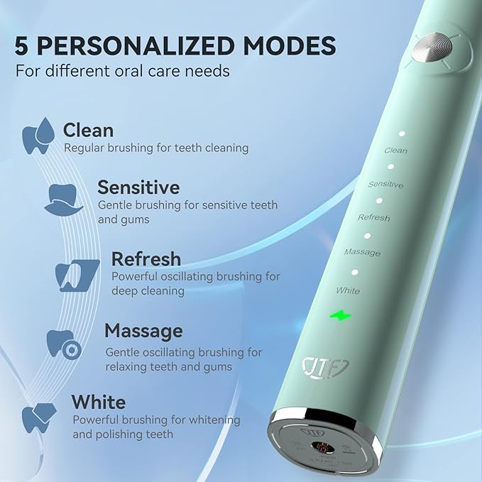 JTF Sonic Electric Toothbrush - with 6 Brush Heads and Travel Case, Power Toothbrushes Fast Charging for 60 Days Use, 5 Modes Adult Electronic Toothbrush, Green