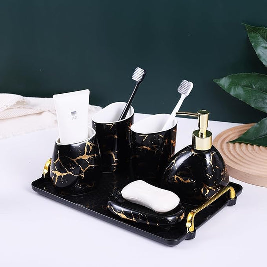 Black Bathroom Accessories Set,Gold Marble Look Bathroom Decor,Modern 6 Piece Bathroom Accessory Set,Complete with Soap Dispenser,Toothbrush Holder,Tumbler,Tray Countertop