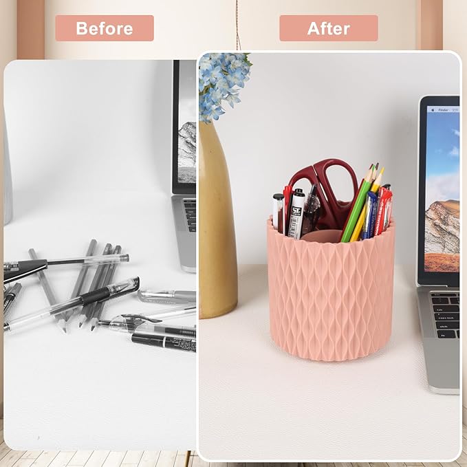 Makeup Brush Holder Organizer-360° Rotating Makeup Brush Storage,Pencil Pen Holder Cup,Desk Accessories,5 Slot Make up Brushes Cup, for Vanity Desktop Bathroom Countertop(Pink