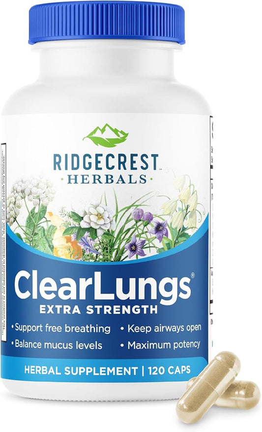 RidgeCrest Herbals ClearLungs Extra Strength, Natural Lung, Nasal Health Formula, Bronchial, Respiratory, Sinus, Mucus Support (120 Caps, 60 Serv)