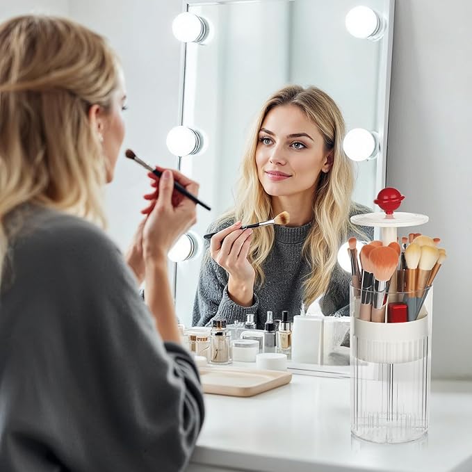 2 Pack Makeup Brush Holder with Lid Automatic Lifting Makeup Brush Organizer with Lid Dustproof & Waterproof 4-Compartment Clear Makeup Organizer for Vanity,Office,School,Dorm Room,Red+Silver