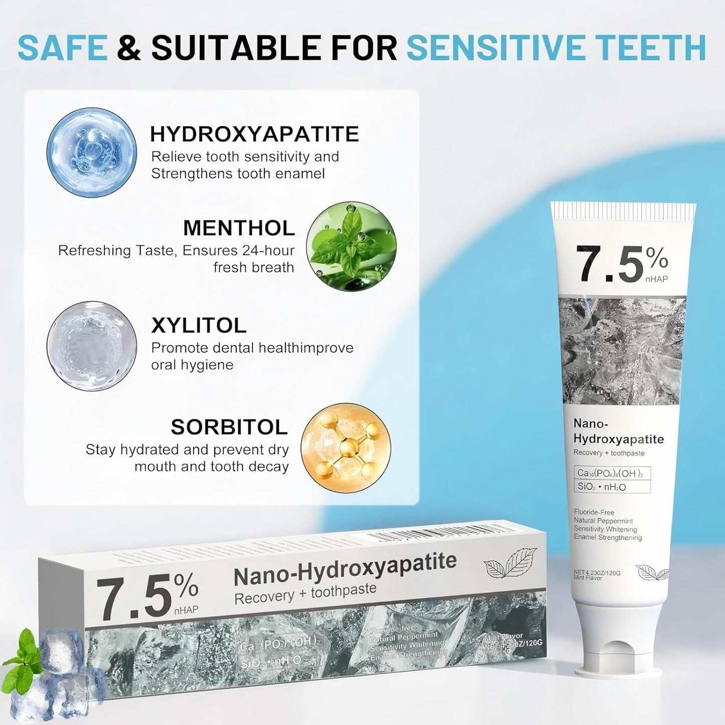 Hydroxyapatite Toothpaste for Advanced Enamel Protection, Fluoride-Free Nano Hydroxyapatite Toothpaste, Gentle and Effective Formula, Fresh Breath, Suitable for Sensitive Teeth 1 Pack