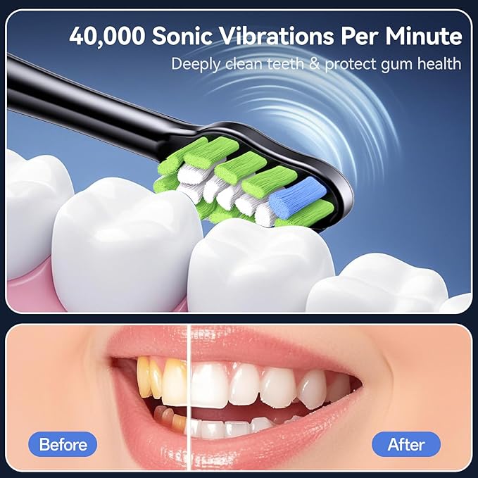 Sonic Electric Power Toothbrush for Adults & Kids,3 Deep Clean Modes IPX7 40000VPM Rechargeable Toothbrush with 8 Brush Heads, Travel Case, 2-Min Smart Timer, One Charge Last 60 Days (Black)