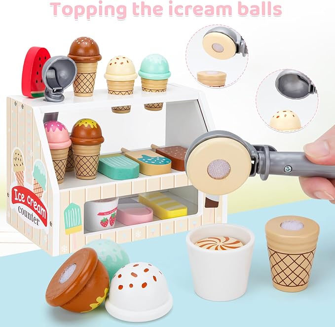 Wooden Ice Cream Toys for Kids Ice Cream Counter Shop for Toddlers Pretend Play Food Scoop and Serve with Scoop & Menu & Fake Money for Boys and Girls Ages 3 4 5 6 (Beige)
