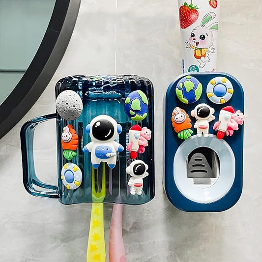 Automatic Toothpaste Dispenser & Toothpaste Holders and Wall Mounted Cup 3 Piece in a Set, is Wall Mounted for Bathroom,Toothpaste Squeezer for Kids & Family Shower by Mr. Thumbs(Navy Blue Set)