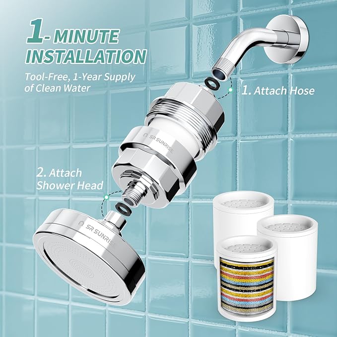 SR SUN RISE Luxury Filtered Shower Head Set, 20+3 Stage Shower Filter for Hard Water, High Output Showerhead with 3 Replaceable Filter Cartridges Removes Chlorine and Fluoride, Chrome